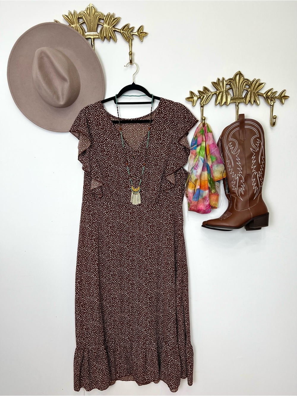 Womens Brown Microdot Ruffle Sleeve dress Xl ptp 23.5” l 47.5”